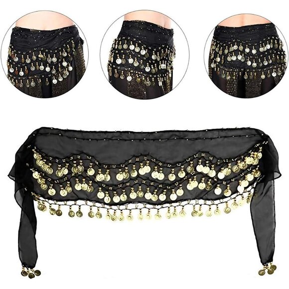 Women's Black Belly Dance Scarf With 128 Gold Coins Skirts For Belly Dance - Picture 4 of 6